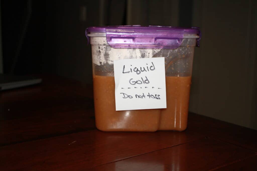 "Liquid Gold" gravy container. Gravy can be frozen and used for another dish later.