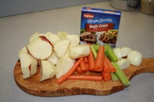 potatoes, carrots, onions, and onion soup mix.