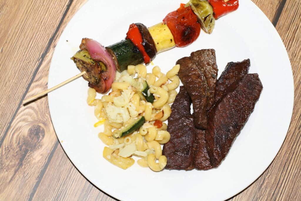 Spring is in the air! Veggie kabob, steak tips and spring pasta with lemon.