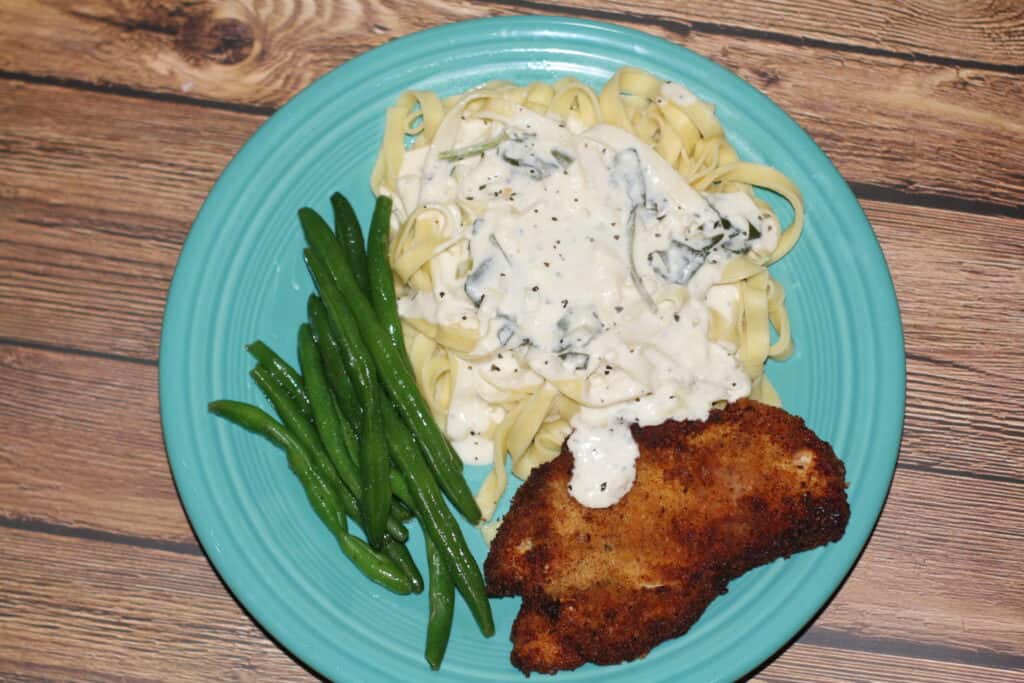 Feta Cream Cheese Alfredo Sauce with chicken cutlets and green beans