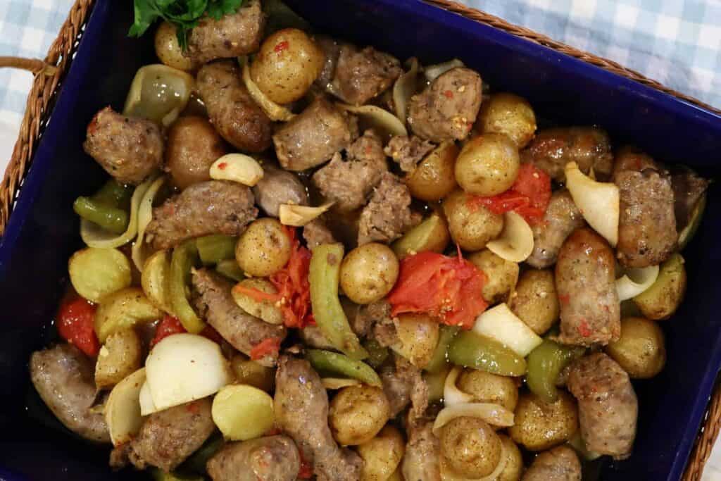 Oven Sausage Onion and Pepper casserole with potatoes