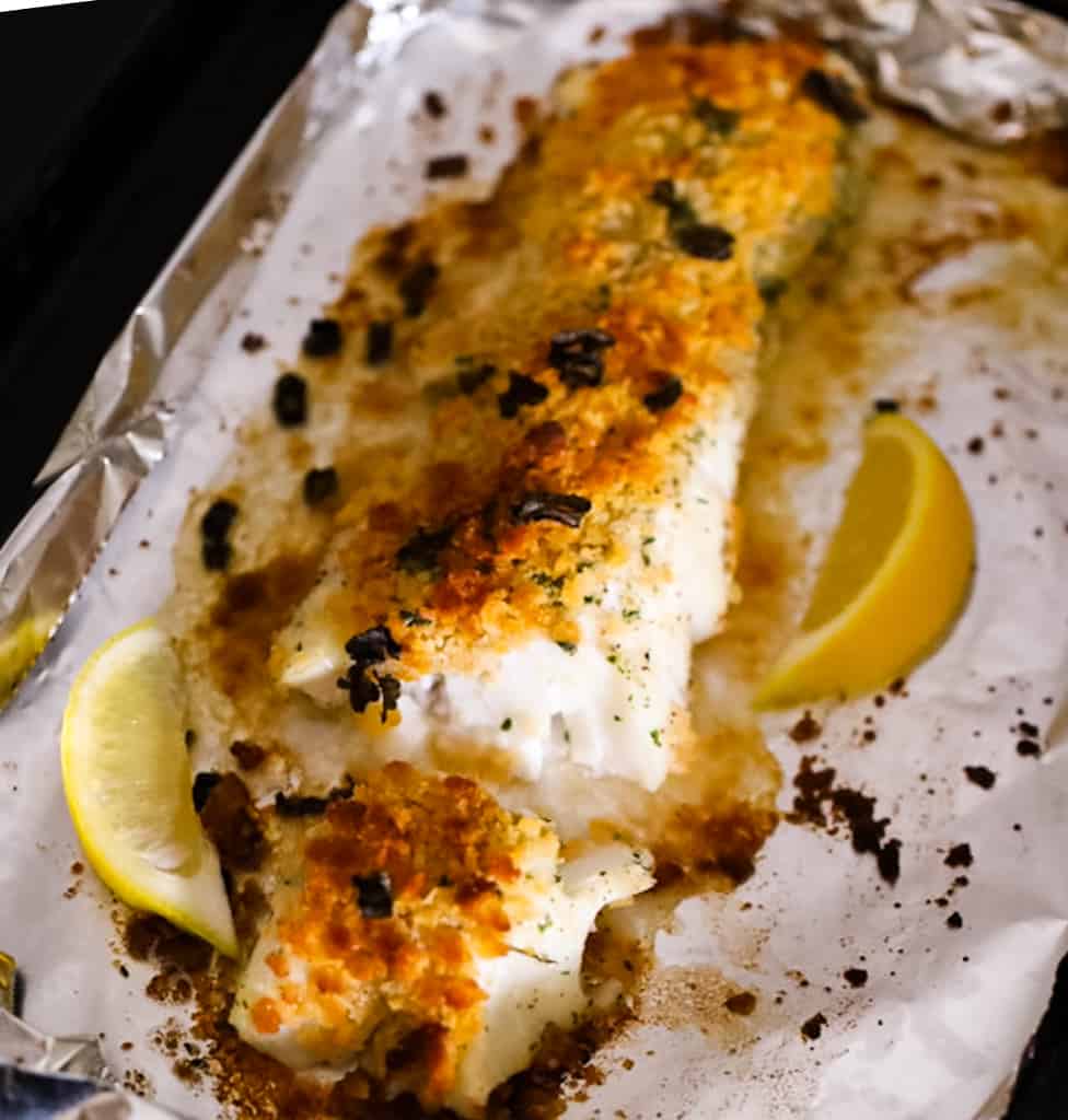 Baked Ritz Cracker Cod Fish with lemon slices