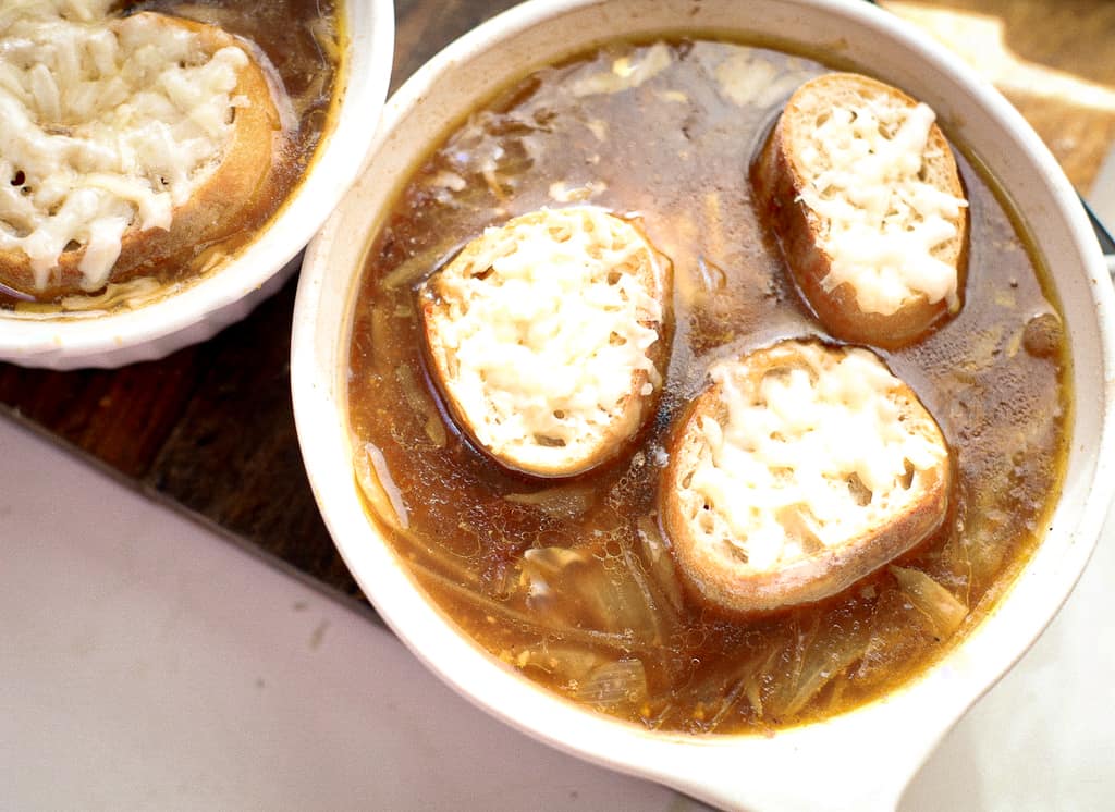 French Onion Soup in a crock ready to eat!