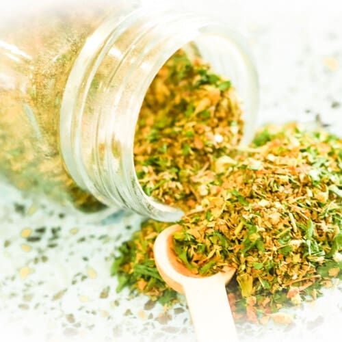 Homemade Greek Seasoning recipe blend using common dried herbs in a jar