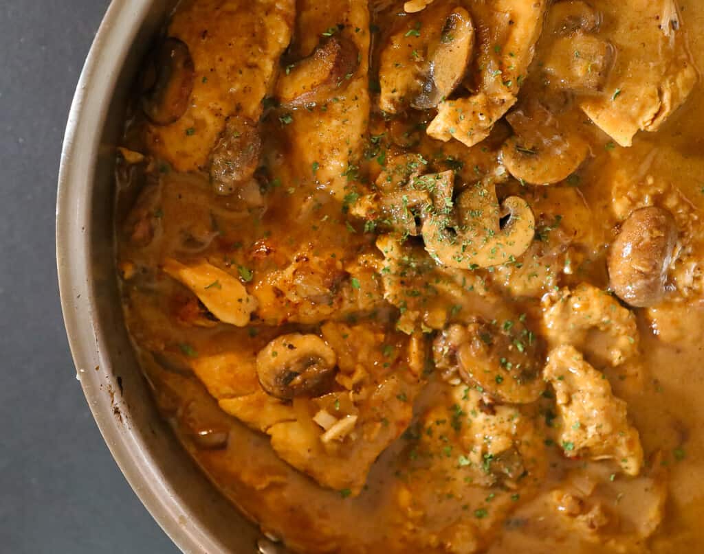 Easy Chicken Marsala in a sauce pan ready to serve.